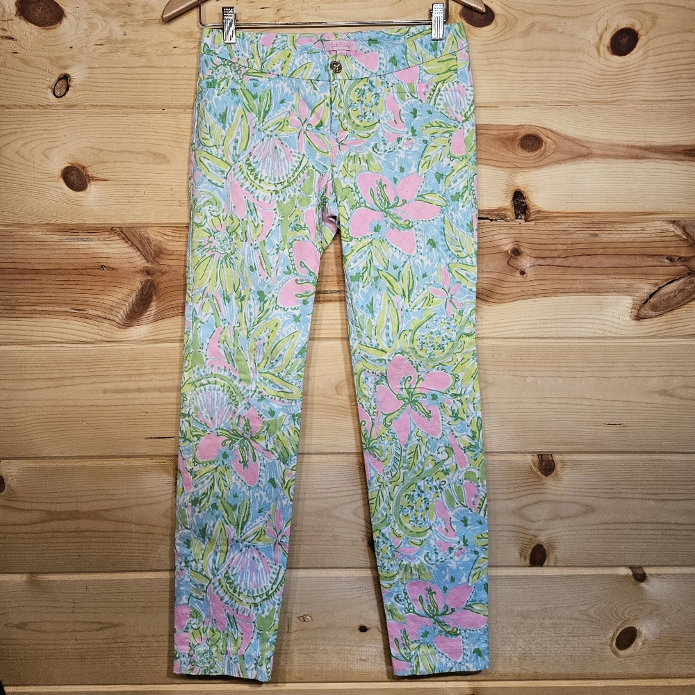 Lilly Pulitzer Straight Leg Pants - Pink, Green, Blue And White Floral Size 2